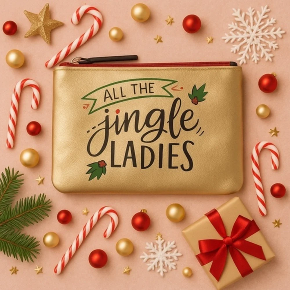 All the Jingle Ladies Holiday Makeup Bag | Gold Cosmetic Pouch NWT